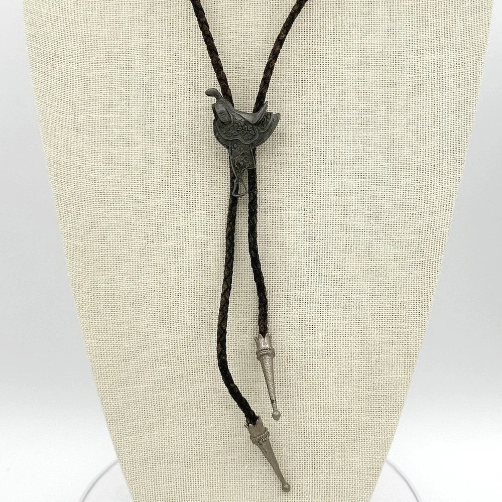 Vintage Western Bolo Tie Silver Tone Horse Saddle Slide Braided Leather Cord Y2K